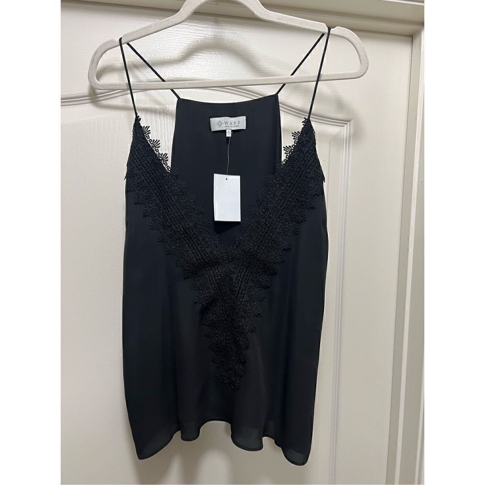 NWT WAYF Black V-Neck Cami with Lace Trim Size L